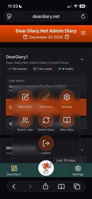 Main Mobile Diary Menu