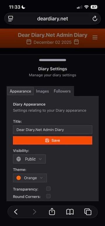 Diary Settings Popup