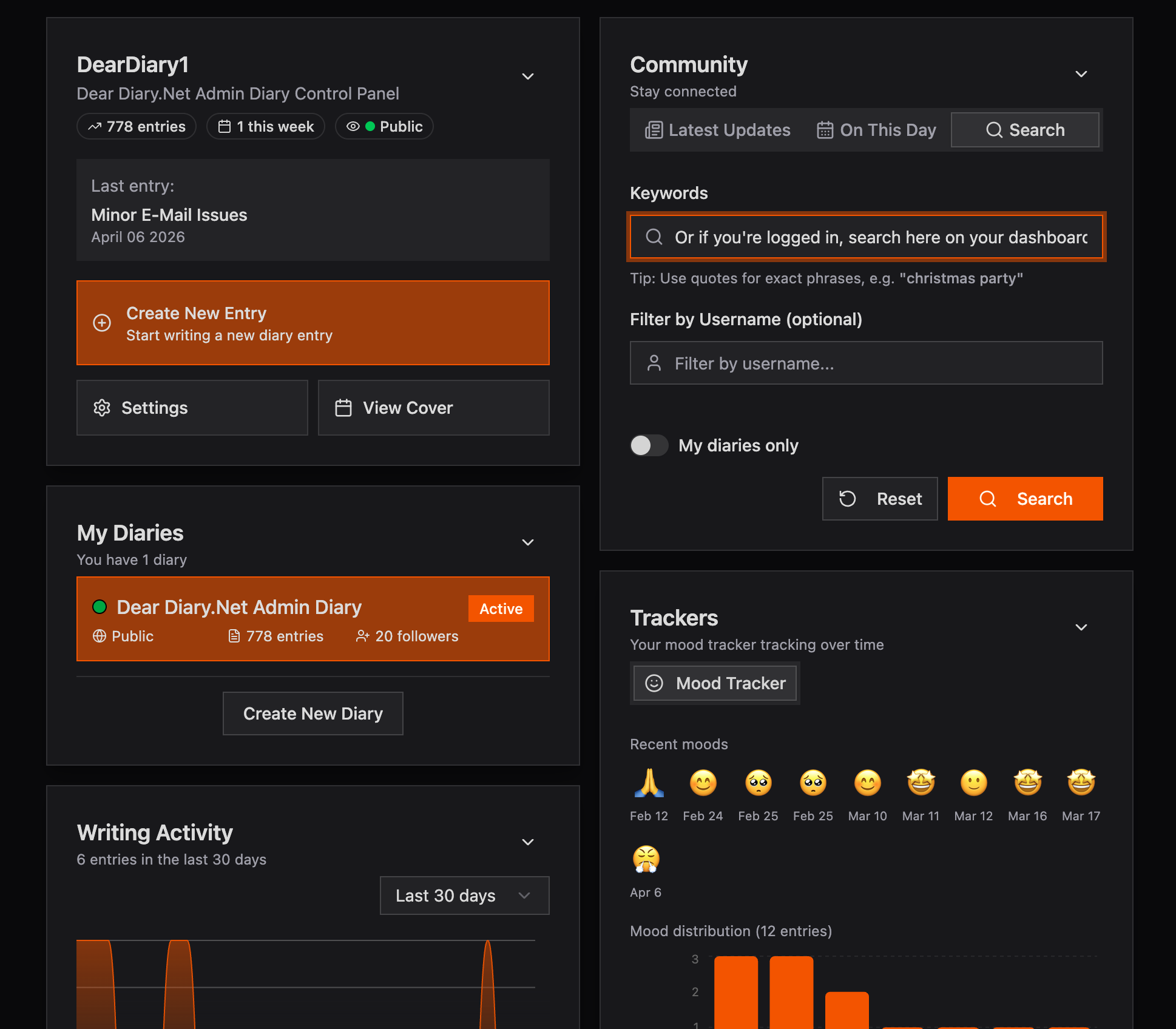 Search on the dashboard Community card