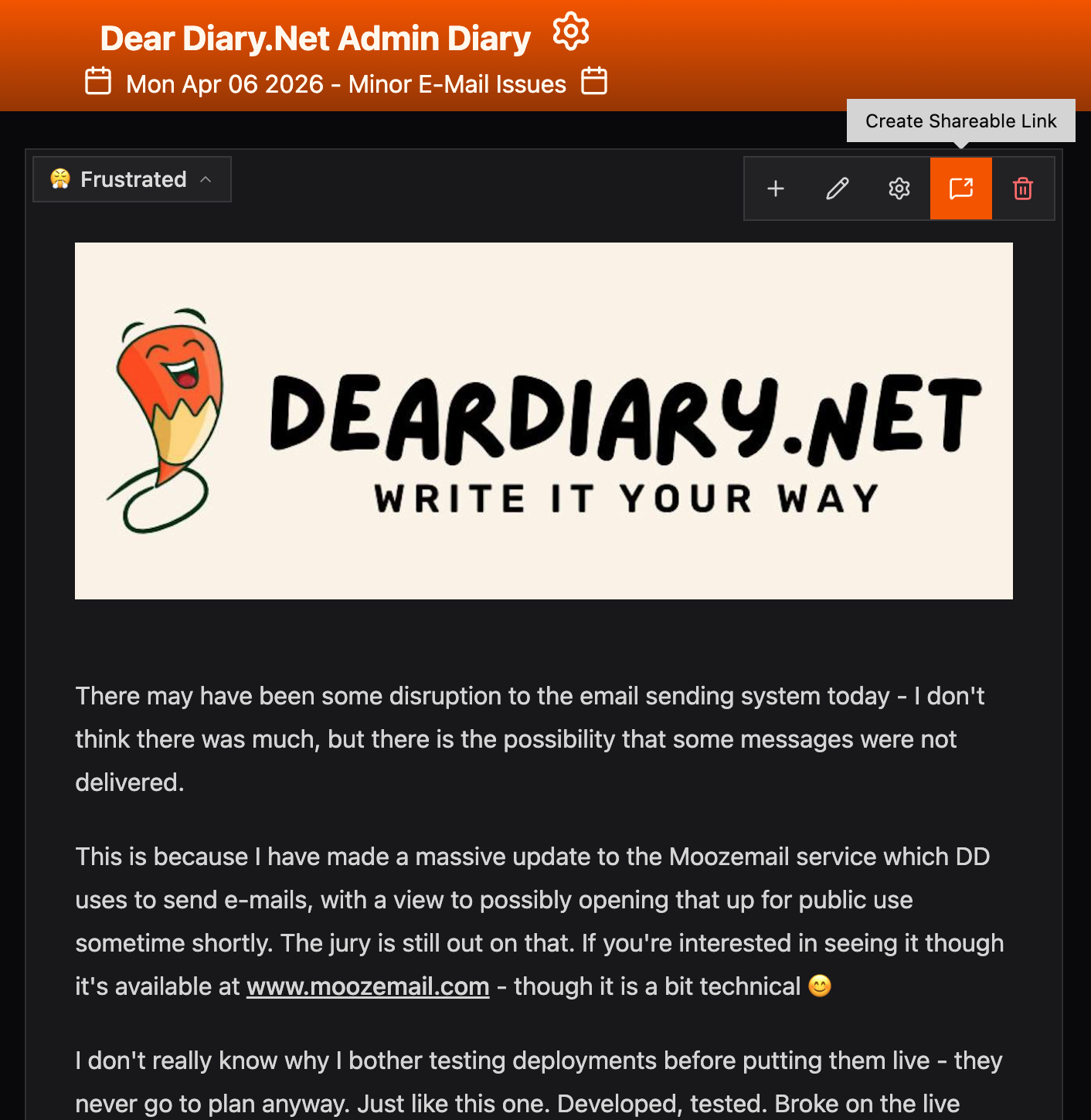 Create Shareable Link button in the entry toolbar