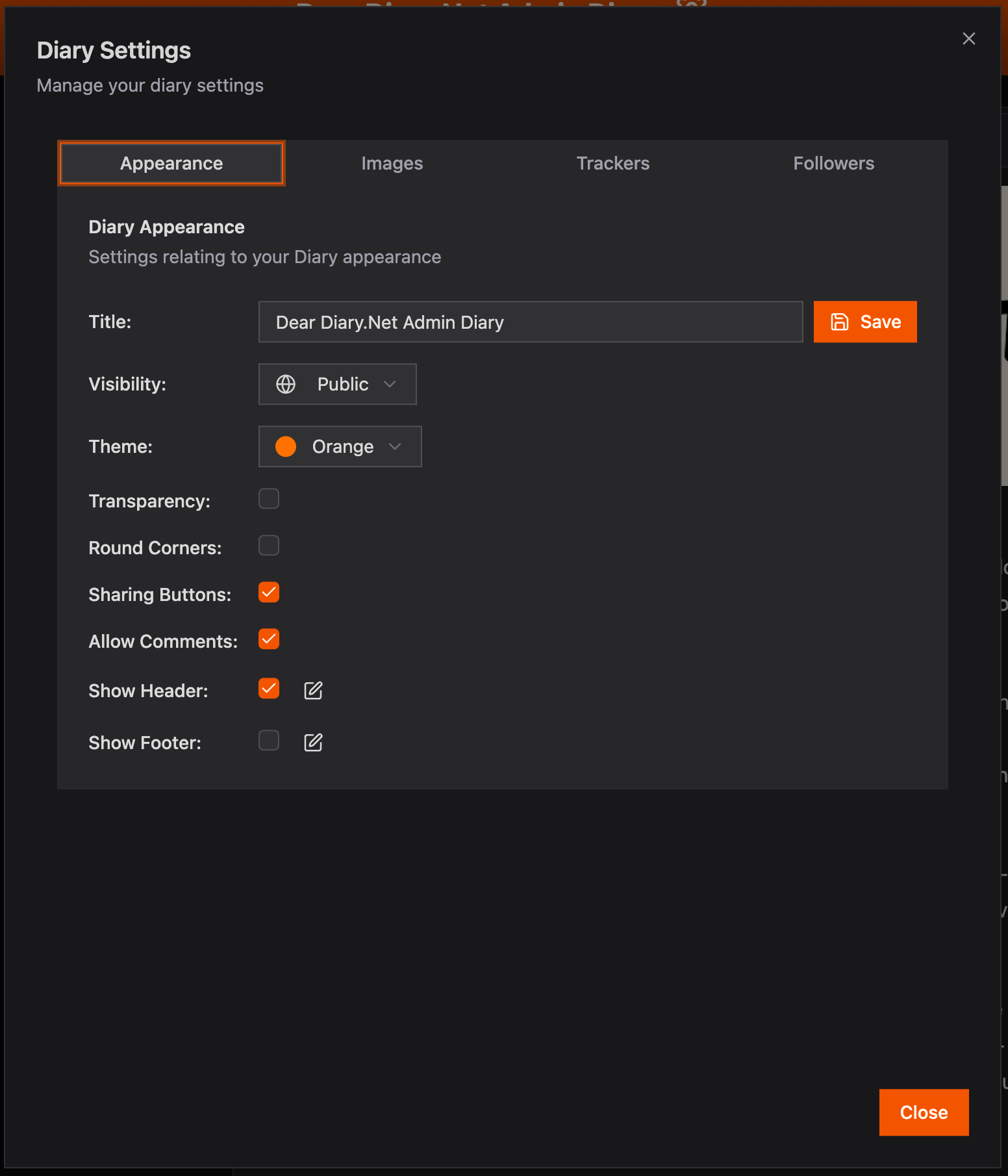 Sharing Buttons toggle in Diary Settings Appearance tab