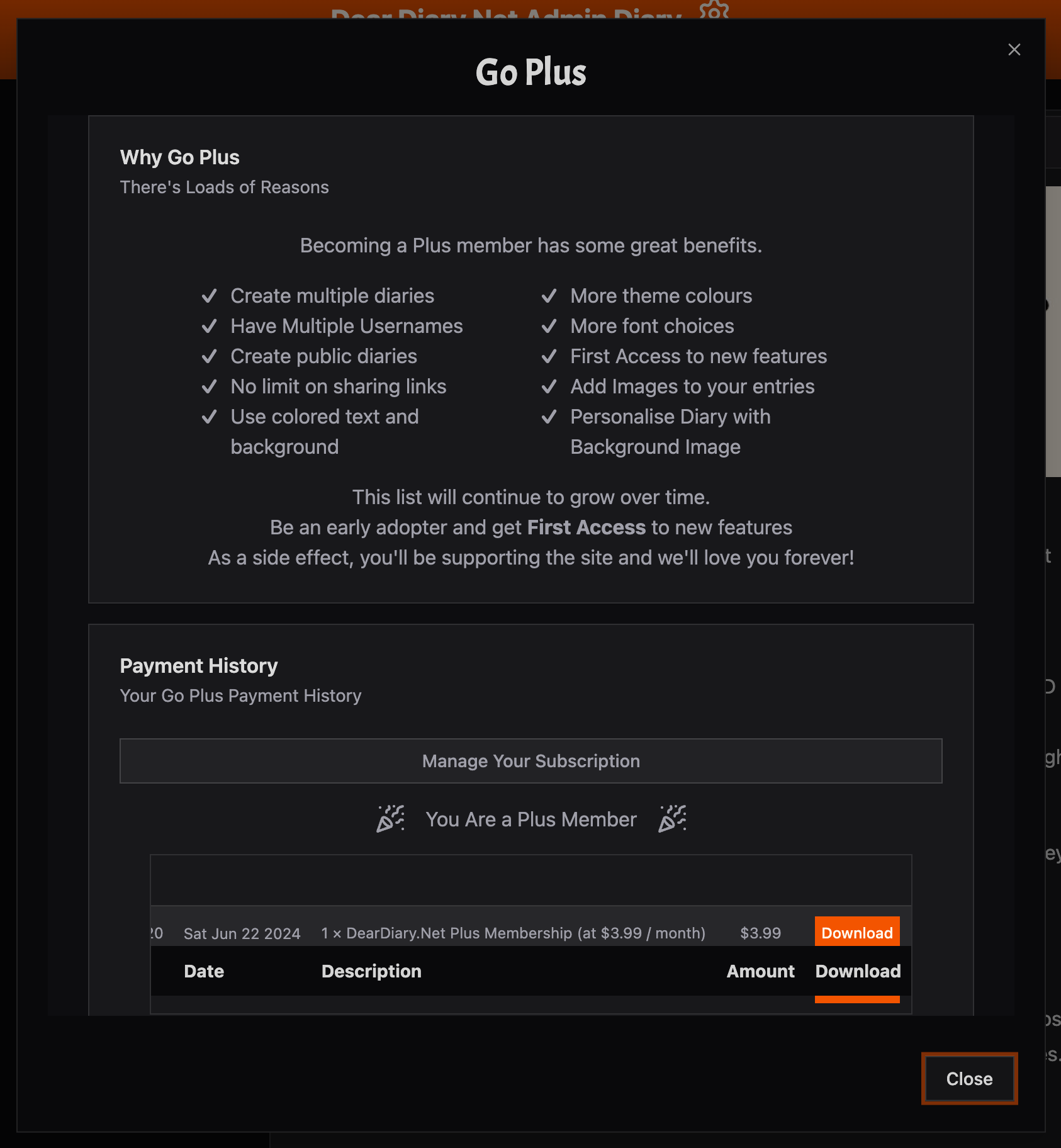 Go Plus dialog showing features and Manage Your Subscription