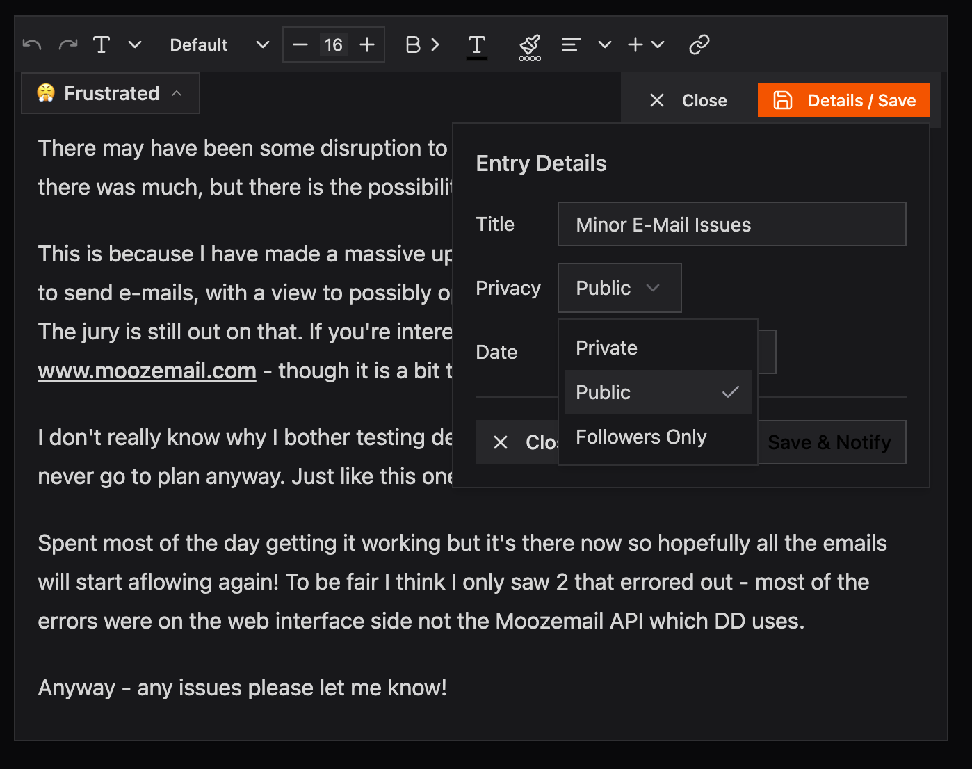 Entry privacy dropdown showing Private, Public, and Followers Only options