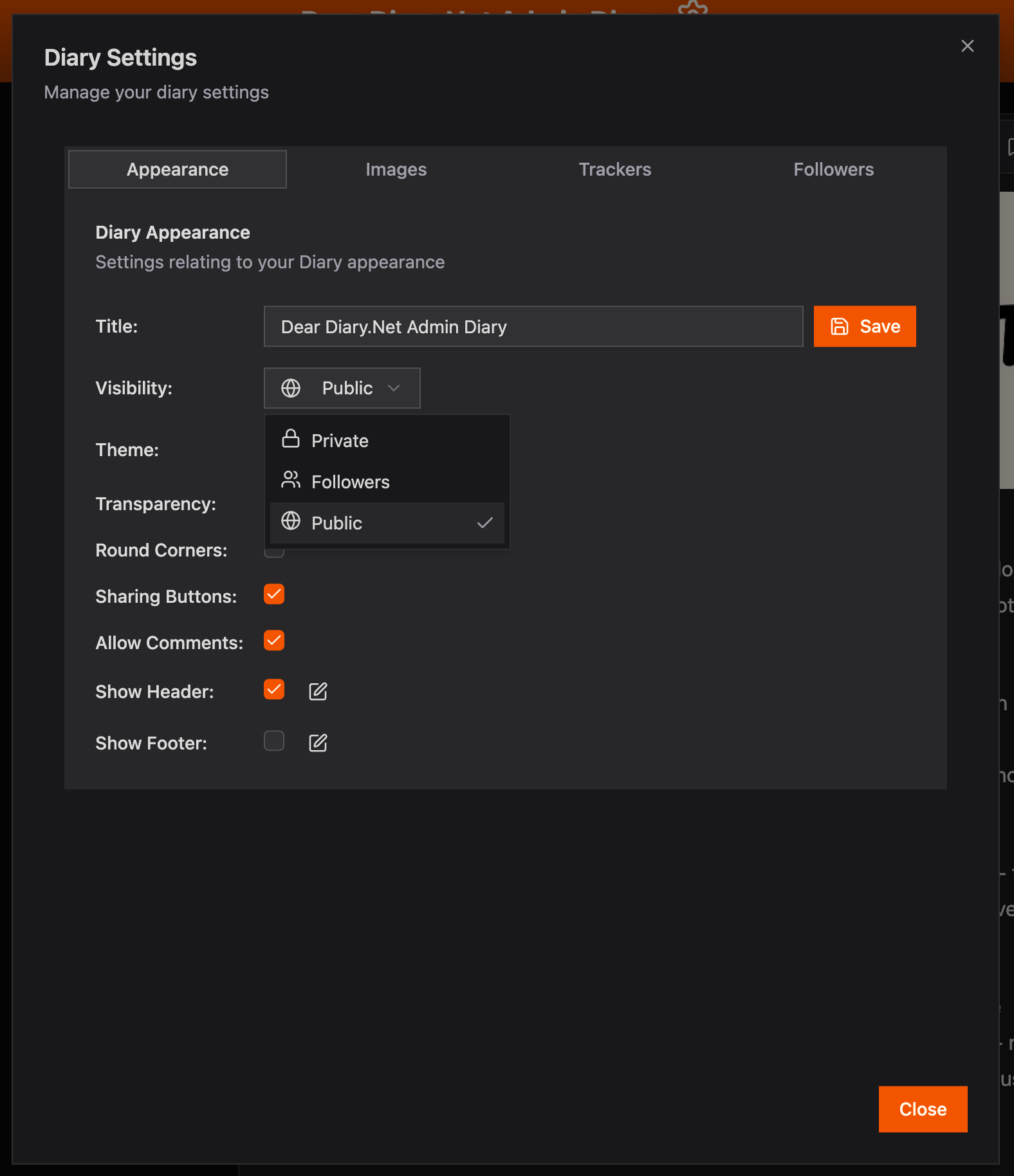 Diary visibility dropdown in Diary Settings