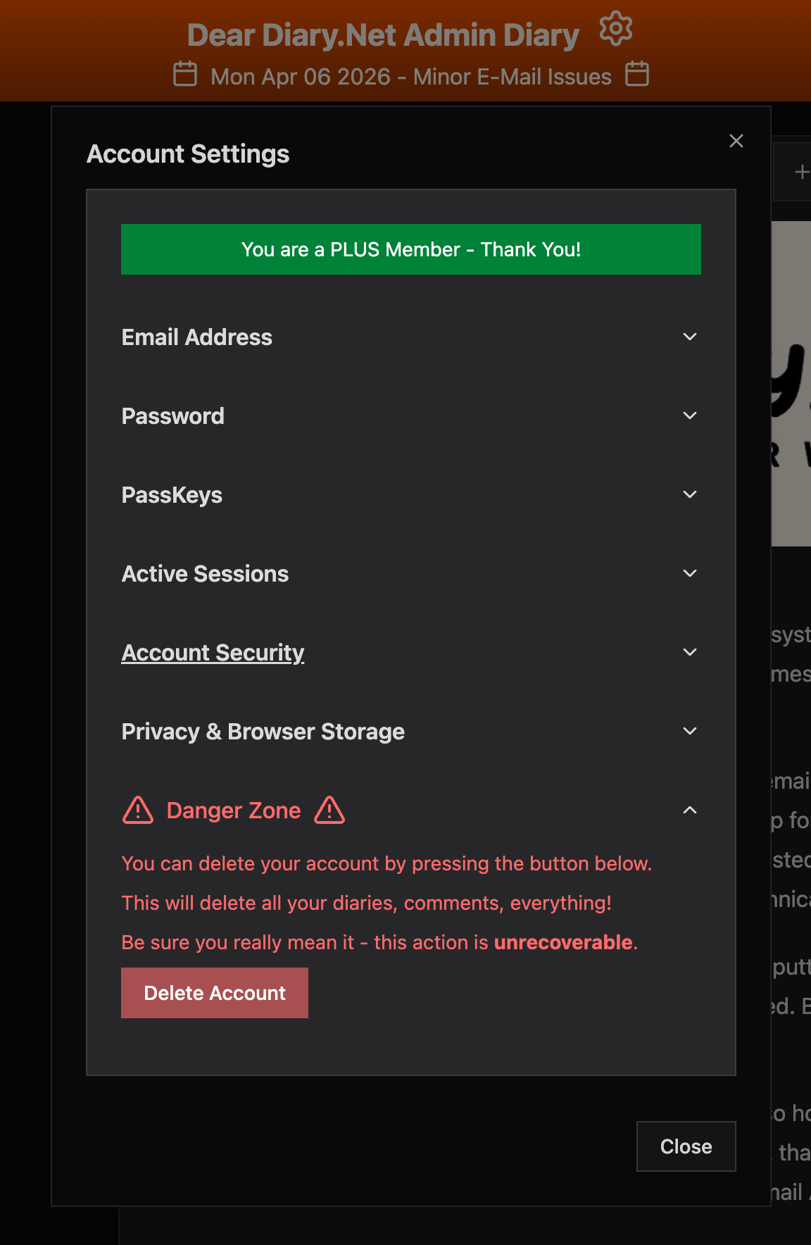 Account Settings with Danger Zone expanded showing Delete Account button